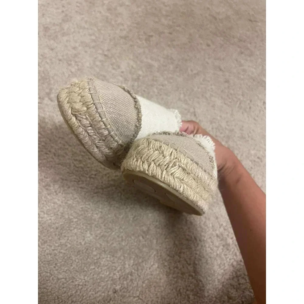 Patricia Green Womens Espadrille Flats Cream Beige Frayed Canvas Slip On Size 10